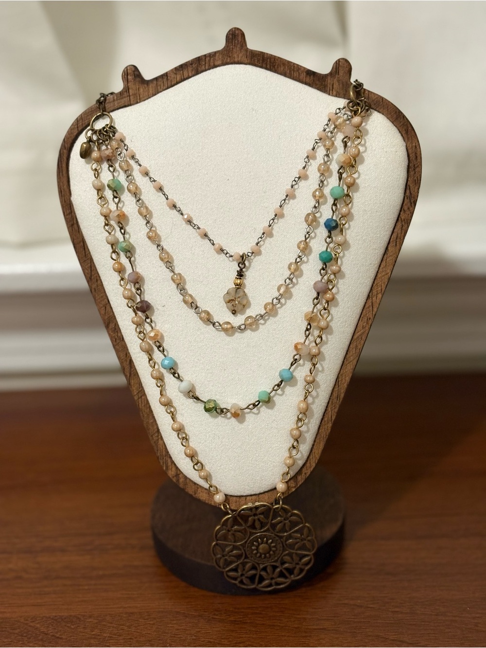 Multi-Strand Beaded Pendant Necklace in Cream and Pastel Tones